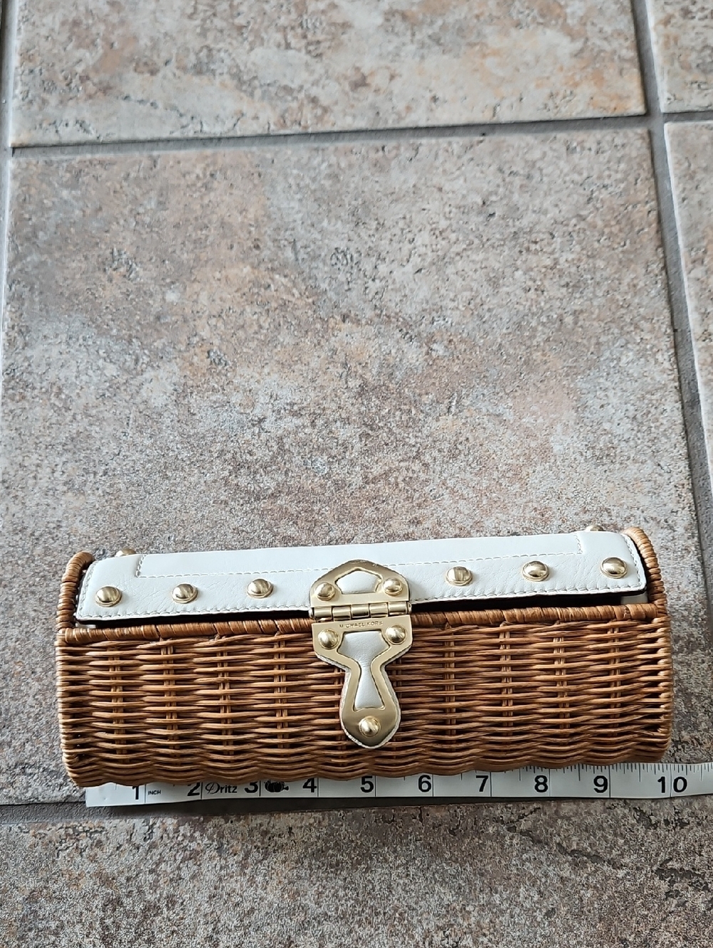 Michael Michael Kors Woven Rattan Clutch with Cream Trim and Gold Hardware
